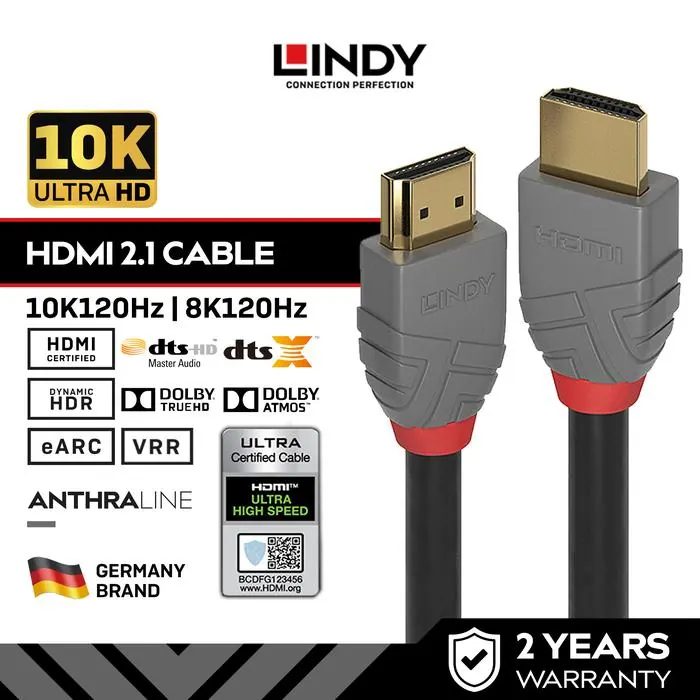 Kabel HDMI 2.1 LINDY 10K 8K 120Hz HDR Ultra High Speed Cable 48Gbps eARC VRR 1M 2M 36952-3