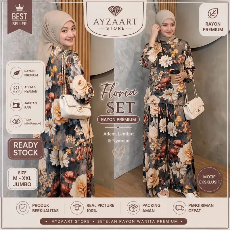 Setelan Rayon Wanita Premium Lengan Panjang Motif Floral Adem Halus Nyaman Jumbo M L XL