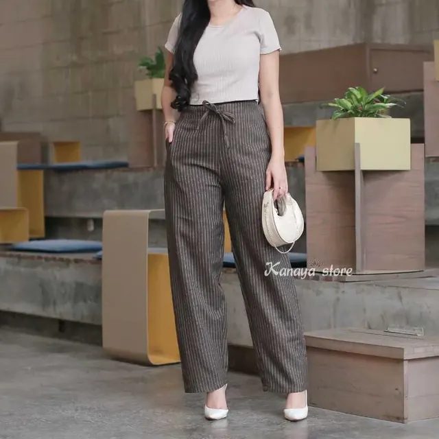 KANAYA - Celana Kulot Wanita Highwaist Strip Linen