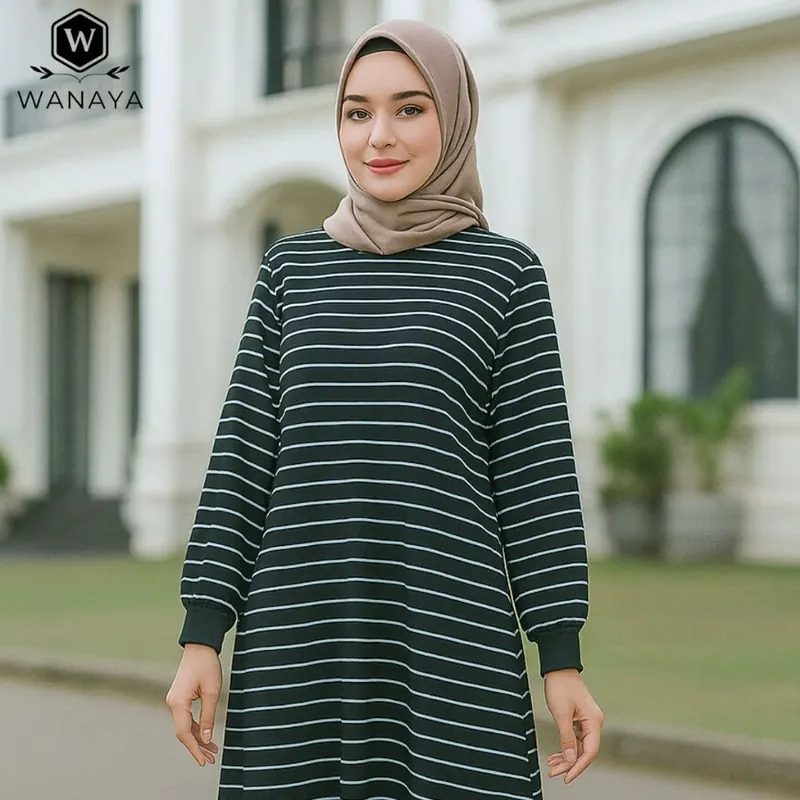 Midi Dress Salur Santai Wanita Muslimah Bahan Babyterry Lengan Panjang, Nyaman & Ramah