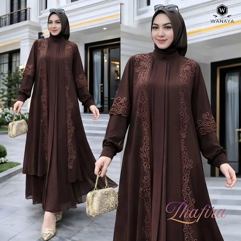 Gamis Zhafira Ceruty Babydoll Premium, Dua Layer Dengan Outer Bordir Lepas Pasang, Wudhu