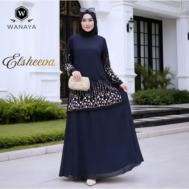 Elsheeva Set Rok Muslimah Ceruty Premium Babydoll Bordir Payet Pakaian Pesta Lebaran dan
