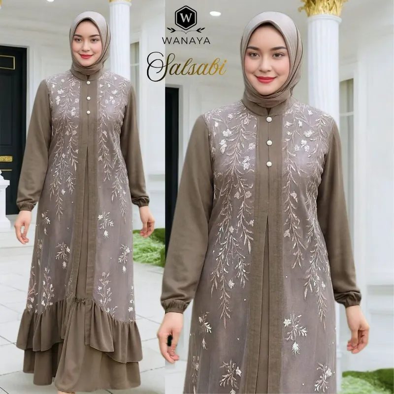 Salsabi Gamis Wanita Muslimah Modis Bahan Ceruty Babydoll mix Brukat Motif Random Estetis
