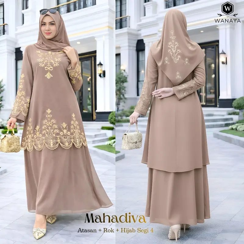 Mahadiva Setelan Plus Jilbab Segi Empat Ceruty Babydoll mix Bordir Pakain Anggun Wanita