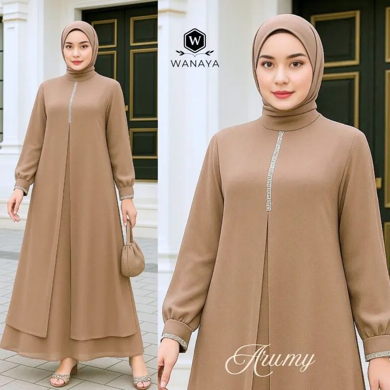 Arumy Gamis Trendy Muslim Model Ceruty Babydoll Full Puring Payet Swarovski Simple Elegan