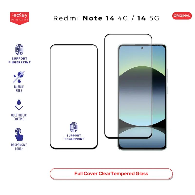 Redkey Tempered Glass Redmi Note 14 5G 4G - Premium Anti Gores Kaca Full Cover Clear HD