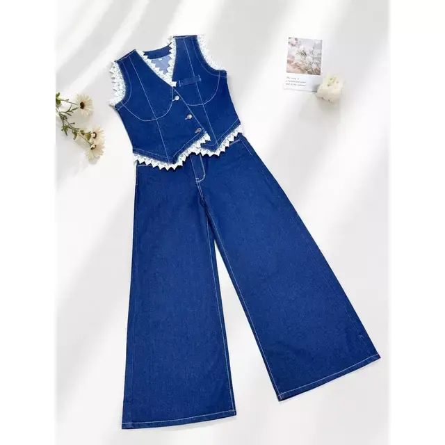LYNDACHANN - VANYA LACES OneSet Jeans Premium Celana Skena Palazo Dan Atasan Vest Vshop