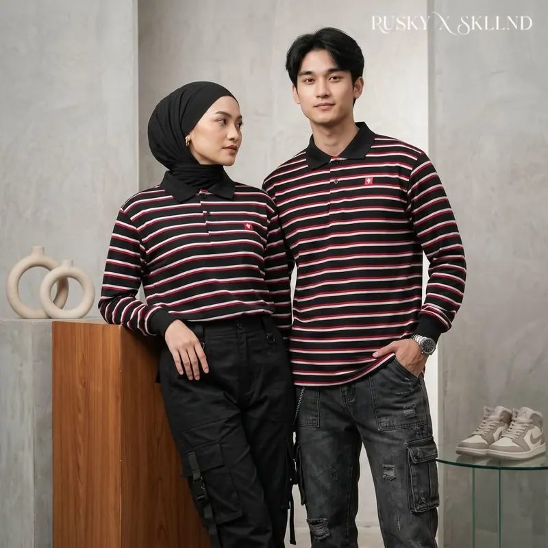 Skullend Rugby Polo Shirt Vintage Tangan Panjang Pria Wanita Hitam - Putih X RUSKY