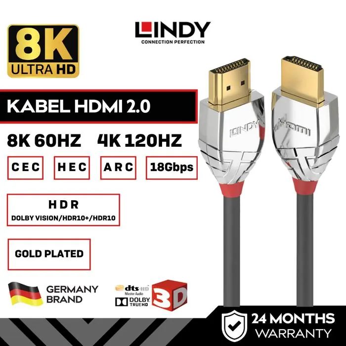 LINDY Kabel HDMI 2.0 8K 60Hz 4K 120Hz HDR Dolby Vision ARC Gold Plated 18Gbps Premium