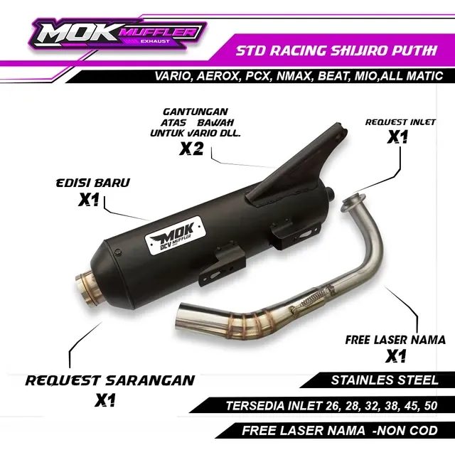 Knalpot Standar Racing Shijiro Kolong Bawah Emblem White Aerox Nmax Vario Pcx Beat Mio