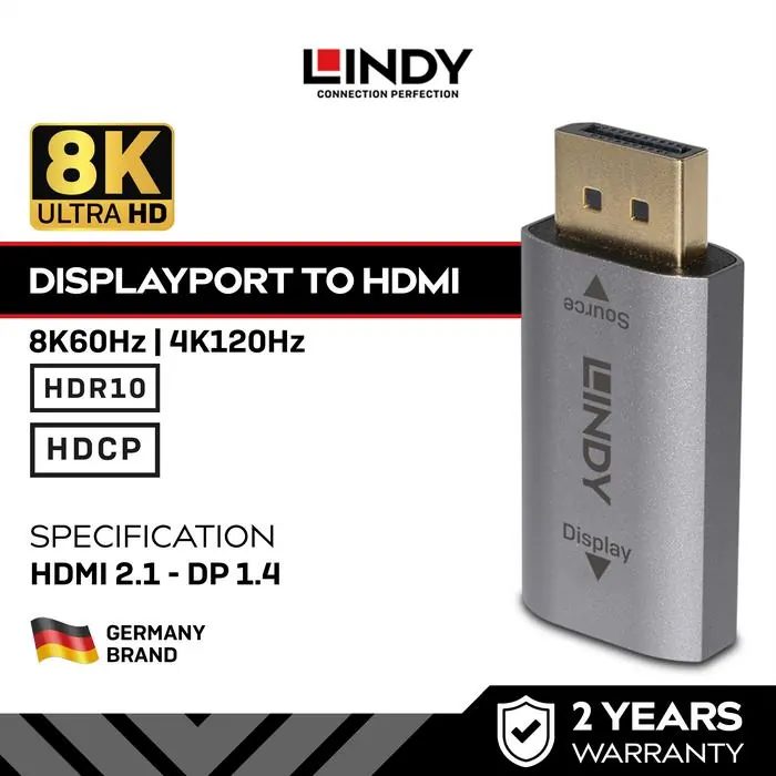 LINDY Adapter Aktif DisplayPort to HDMI 2.1 8K60Hz 4K120Hz HDR DSC Original Jerman Brand