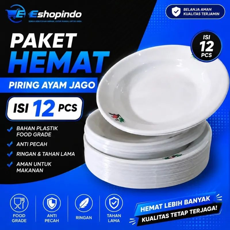 Piring Ayam Jago Plastik Putih 12 Pcs 9 Inch / Paket Hemat 12 - Tahan Panas, Food Grade