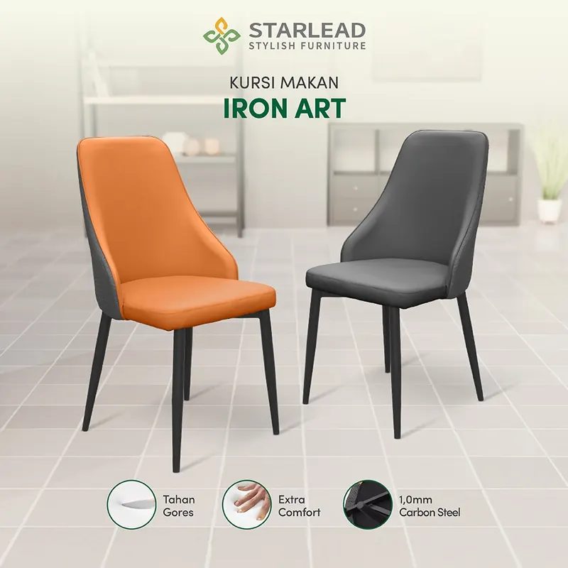 STARLEAD Kursi Makan Kulit Dining Chair / Cafe Dengan Panakin Leather - Iron Art Grey