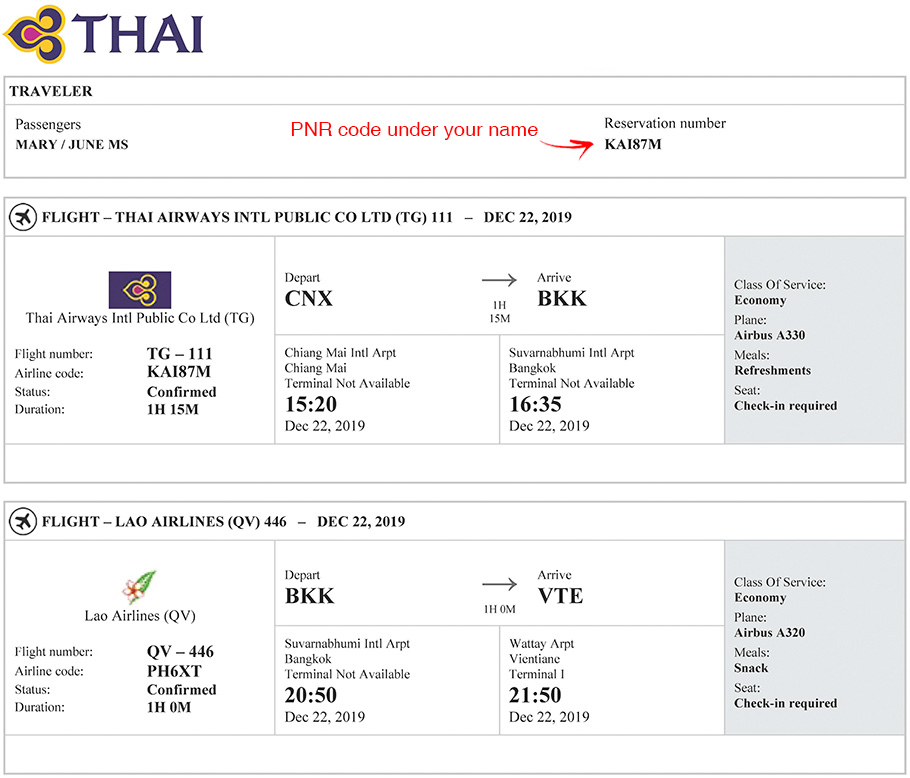 Return and onward flight ticket