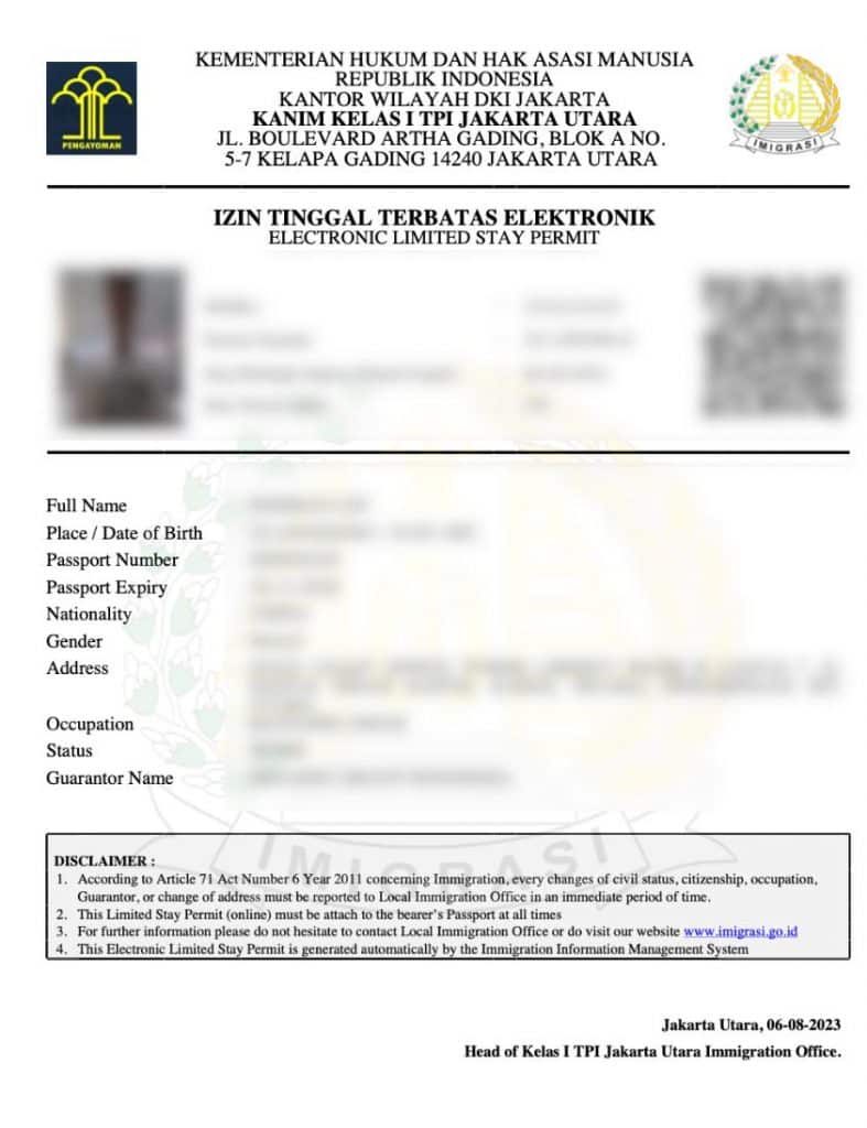 Complete document of dependee's KITAS sponsor