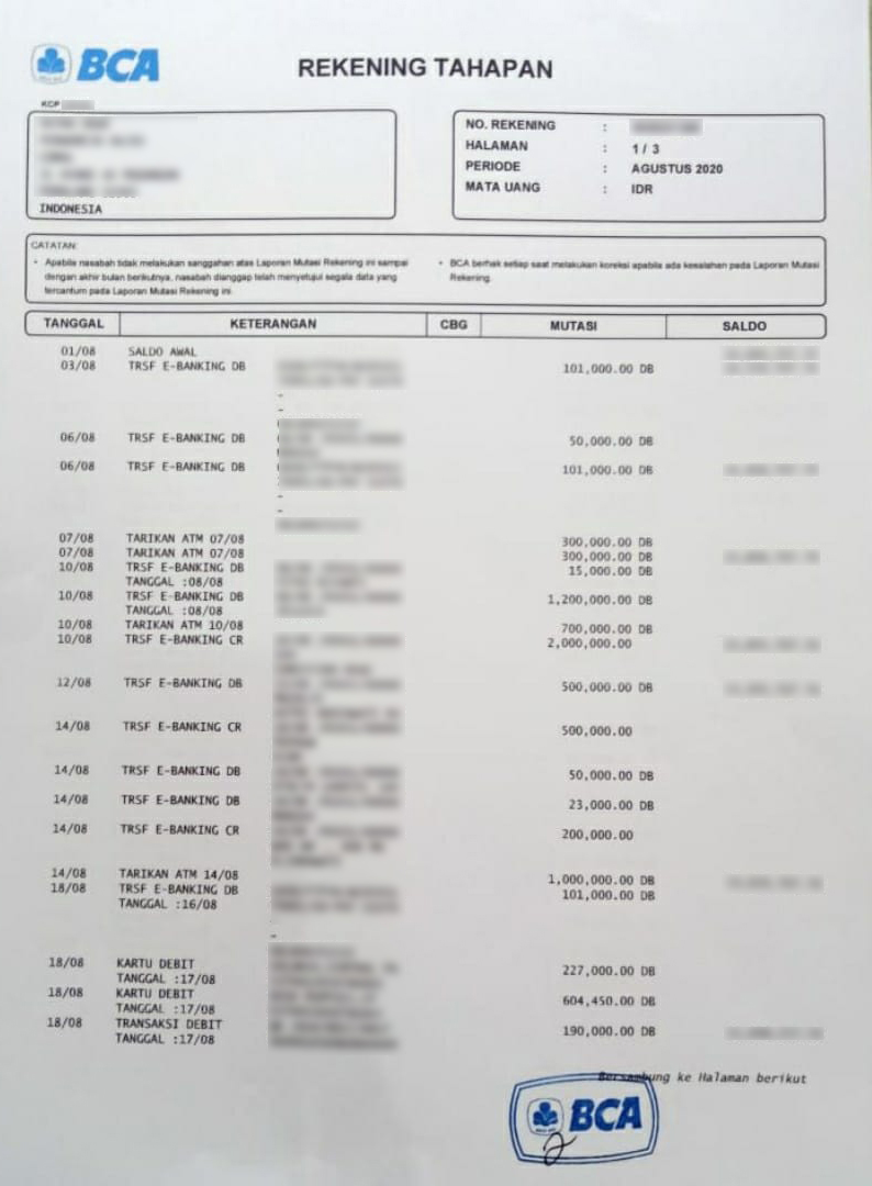 Bank statement for the last 3 months (wet stamped)