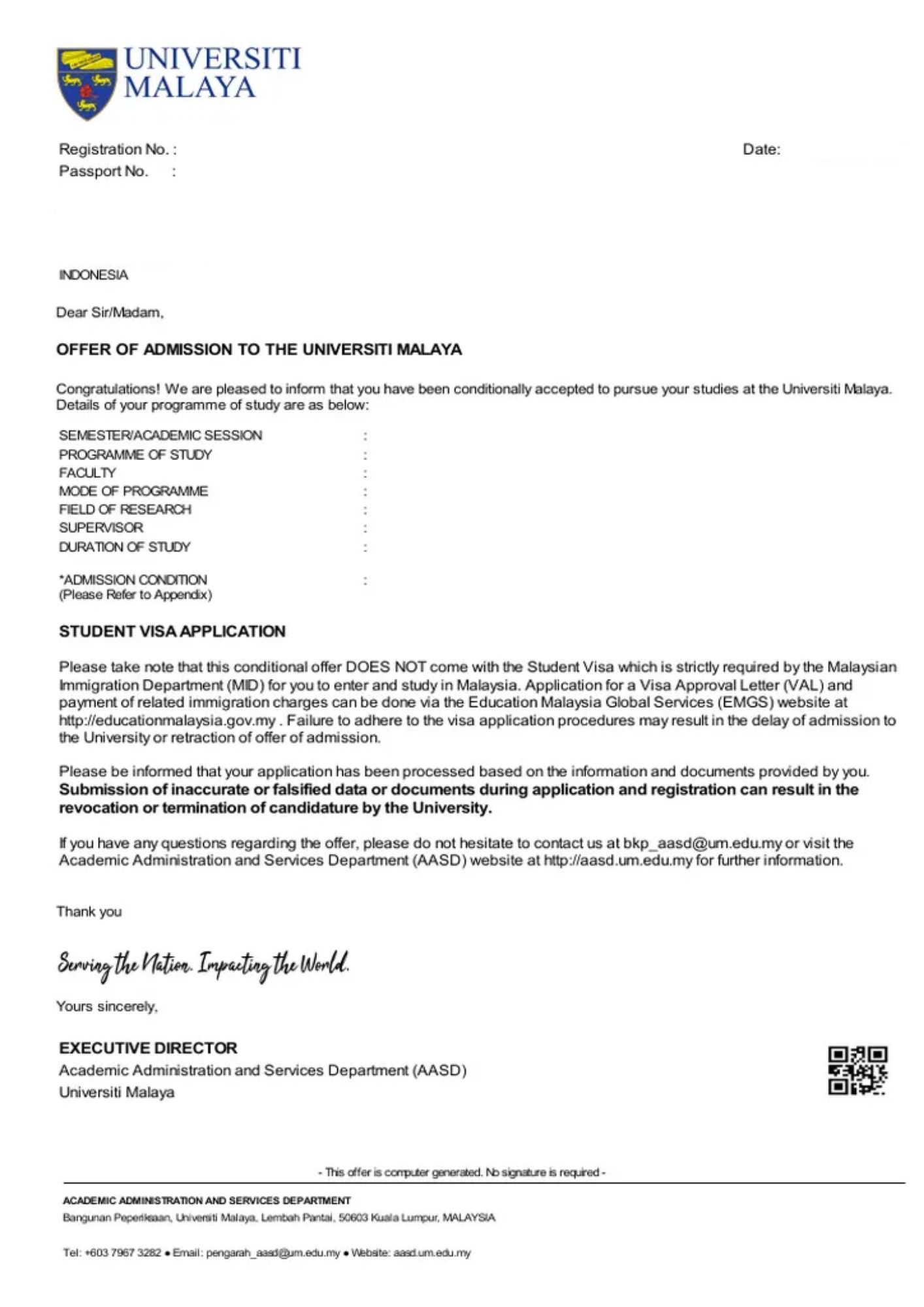 Offer Letter from Malaysian Education Institution/University